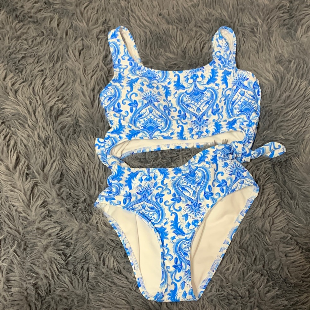 GB Girls Blue and White Patterned one piece cut out swimsuit